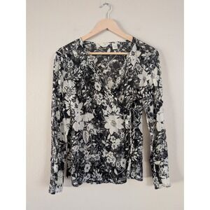100% Silk Black White Floral Wrap Sheer Top Indie Grunge - No Size, Fits Like XS